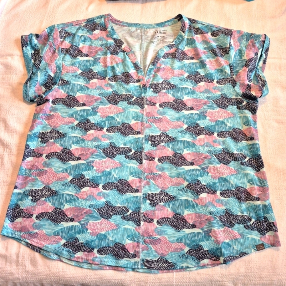 L.L. Bean women's size 3X teal pink & black rolled sleeve V Neck shirt NWOT